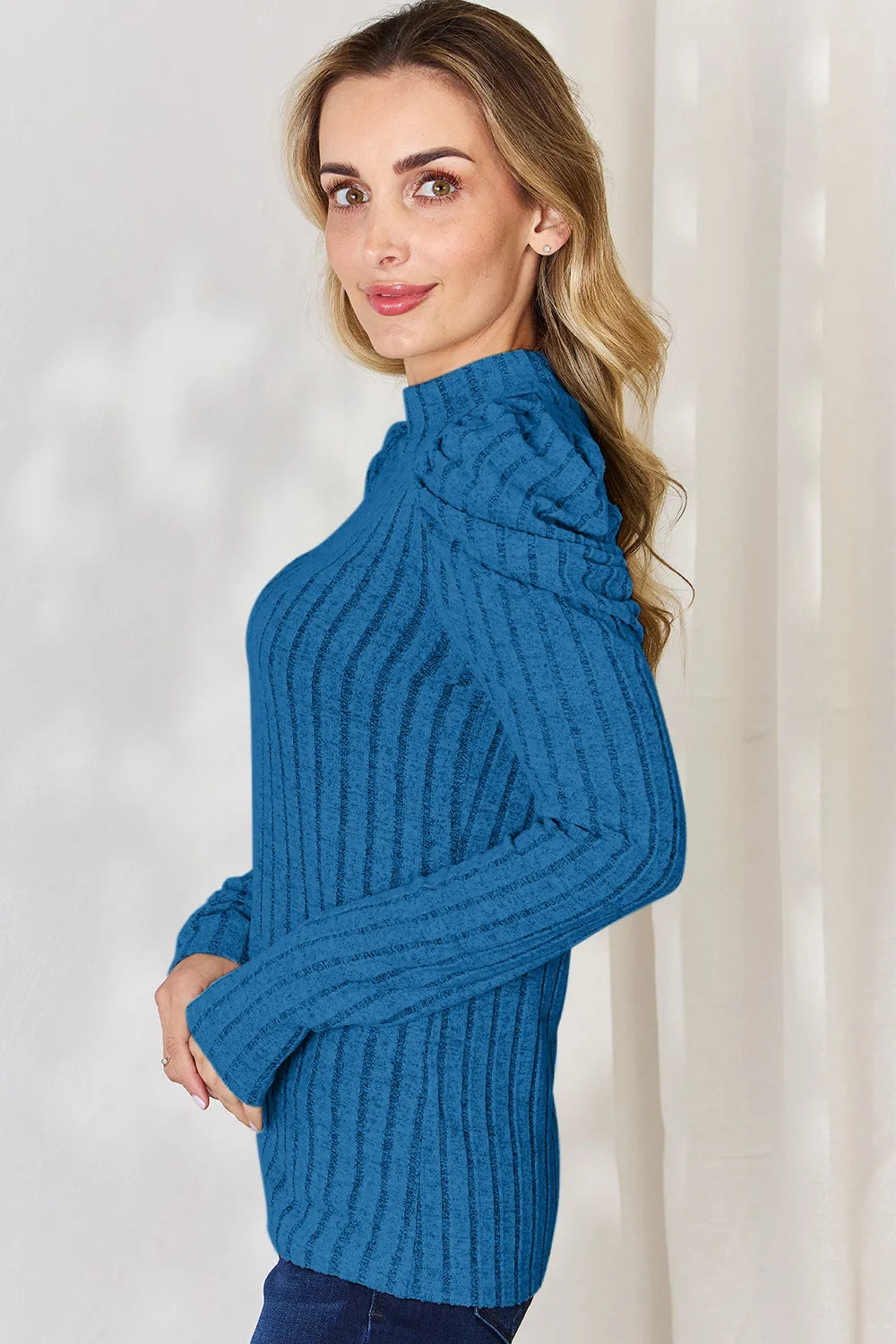 Basic Bae Full Size Ribbed Mock Neck Puff Sleeve T-Shirt - LoveNest Treasures