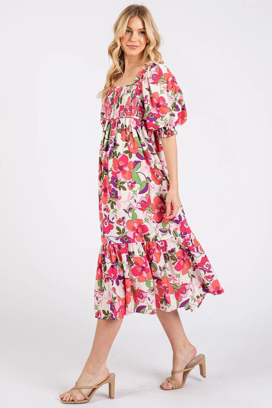 Mittoshop Flower Print Puff Sleeve Ruffle Smocked Midi Dress - LoveNest Treasures