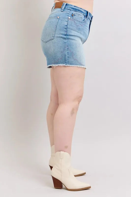 Judy Blue Full Size High Waist Western Embroidery Detail Cut Off Denim Shorts Plus Size - LoveNest Treasures