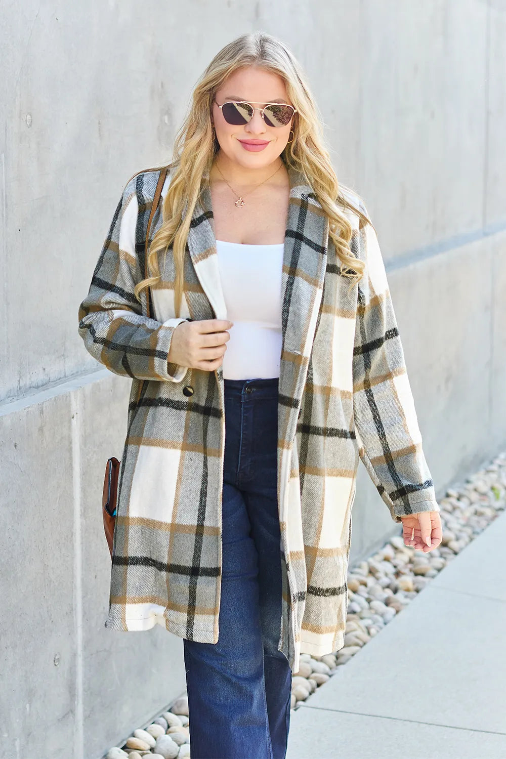 Double Take Full Size Plaid Button Up Lapel Collar Coat - LoveNest Treasures