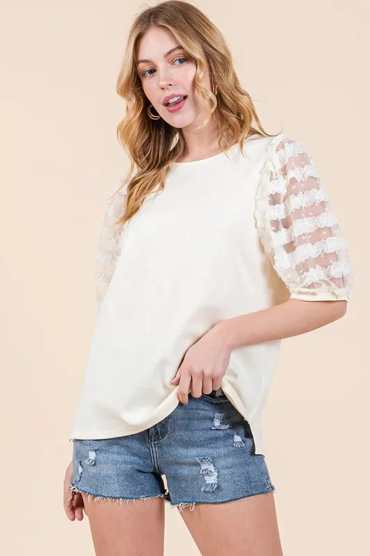 Lime 'N' Chili Full Size Lace Puff Sleeve Round Neck Top Plus Size - LoveNest Treasures