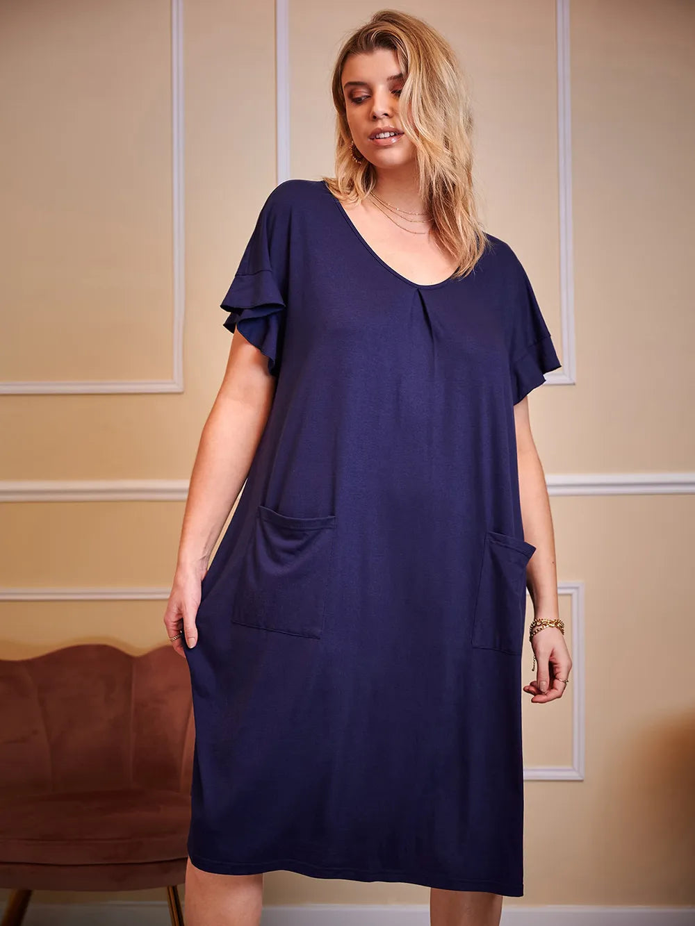 Plus Size Round Neck Short Sleeve Lounge Dress - LoveNest Treasures