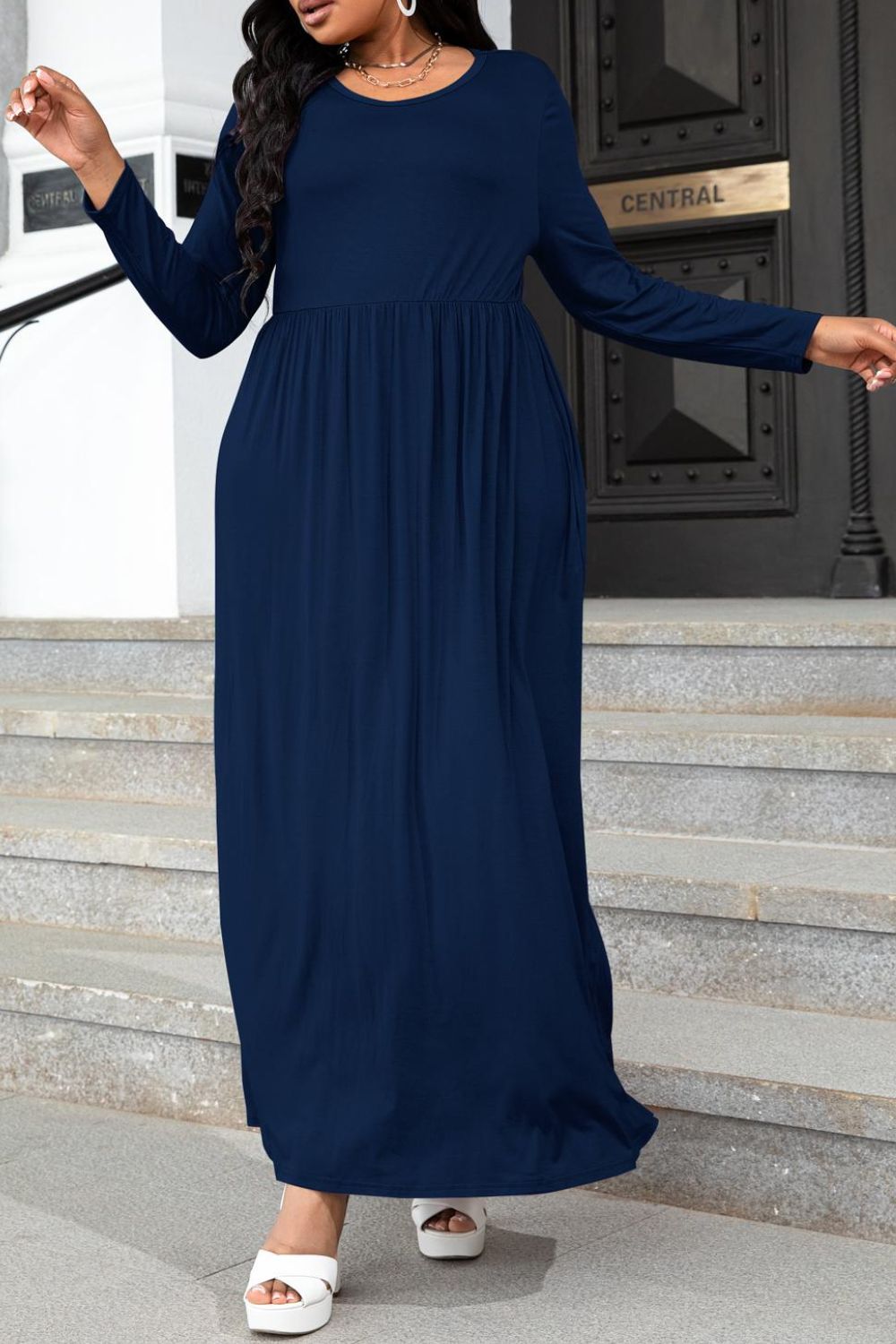 PerFee Plus Size Round Neck Long Sleeve Maxi Dress with Pockets - LoveNest Treasures