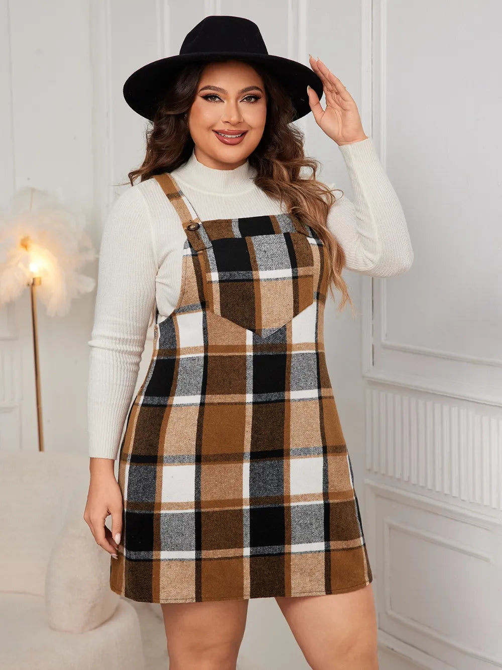 Honey Plus Size Plaid Wide Strap Overall Dress - LoveNest Treasures