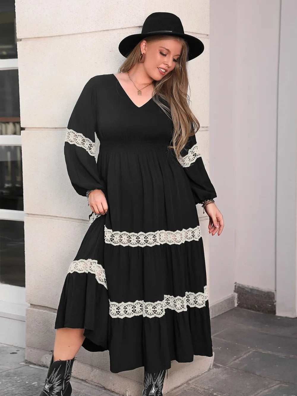 Plus Size Lace Detail V-Neck Long Sleeve Midi Dress - LoveNest Treasures