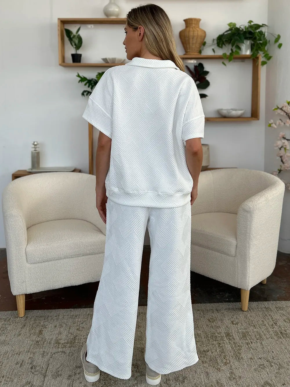 Double Take Full Size Texture Half Zip Short Sleeve Top and Pants Set - LoveNest Treasures