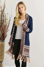 ADORA Full Size Fringe Hem Aztec Border Cardigan Plus Size - LoveNest Treasures