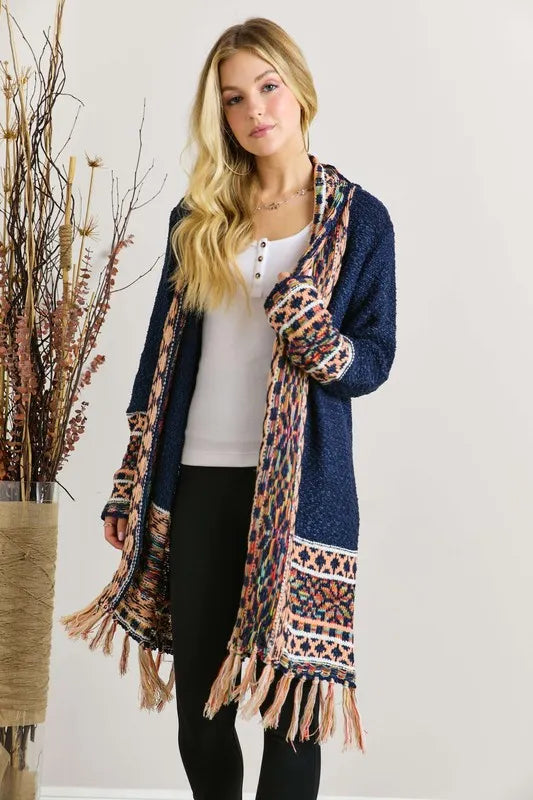 ADORA Full Size Fringe Hem Aztec Border Cardigan Plus Size - LoveNest Treasures