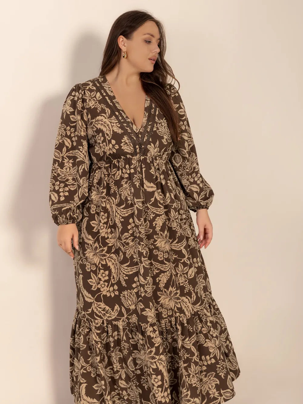 Plus Size Printed V-Neck Balloon Sleeve Maxi Dress - LoveNest Treasures