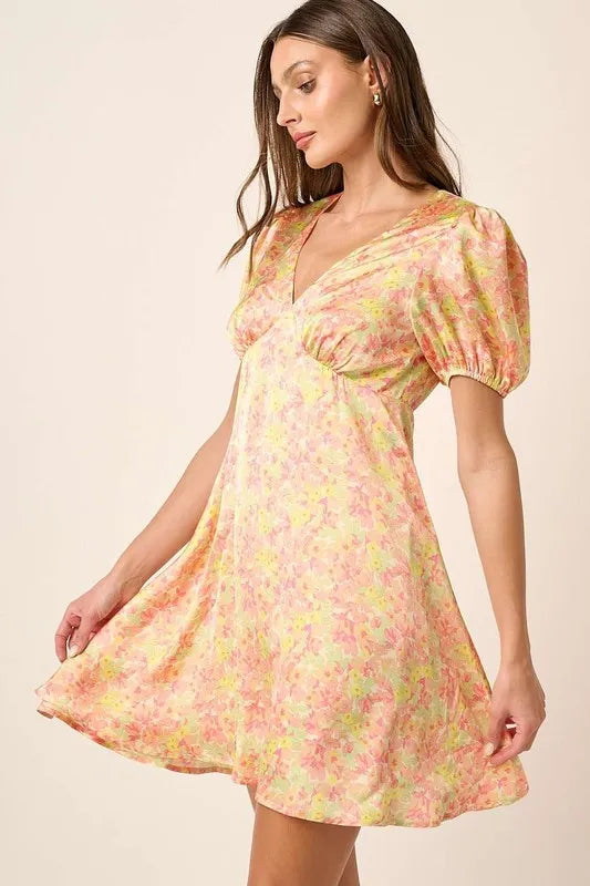 Mittoshop Printed V-Neck Puff Sleeve Mini Dress - LoveNest Treasures