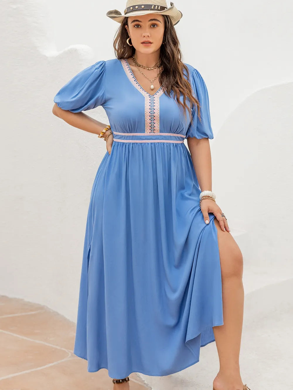 Plus Size Slit V-Neck Short Sleeve Dress - LoveNest Treasures