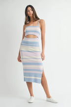 MABLE Multi Color Striped Front Cutout Knit Midi Dress - LoveNest Treasures
