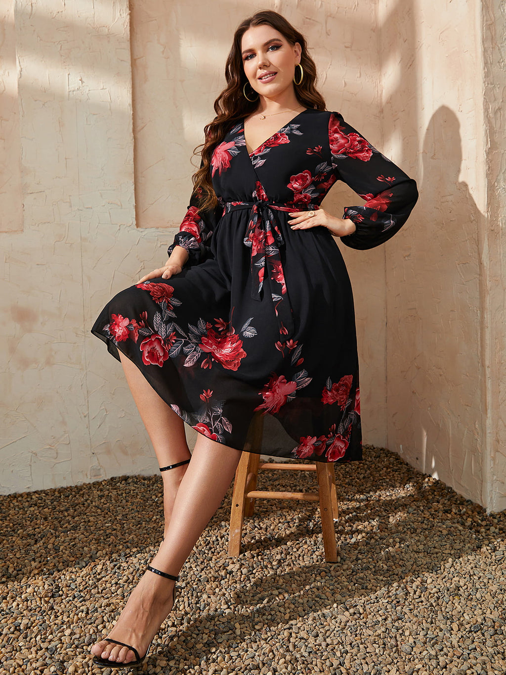 Honey Plus Size Floral Surplice Neck Tie Waist Dress - LoveNest Treasures