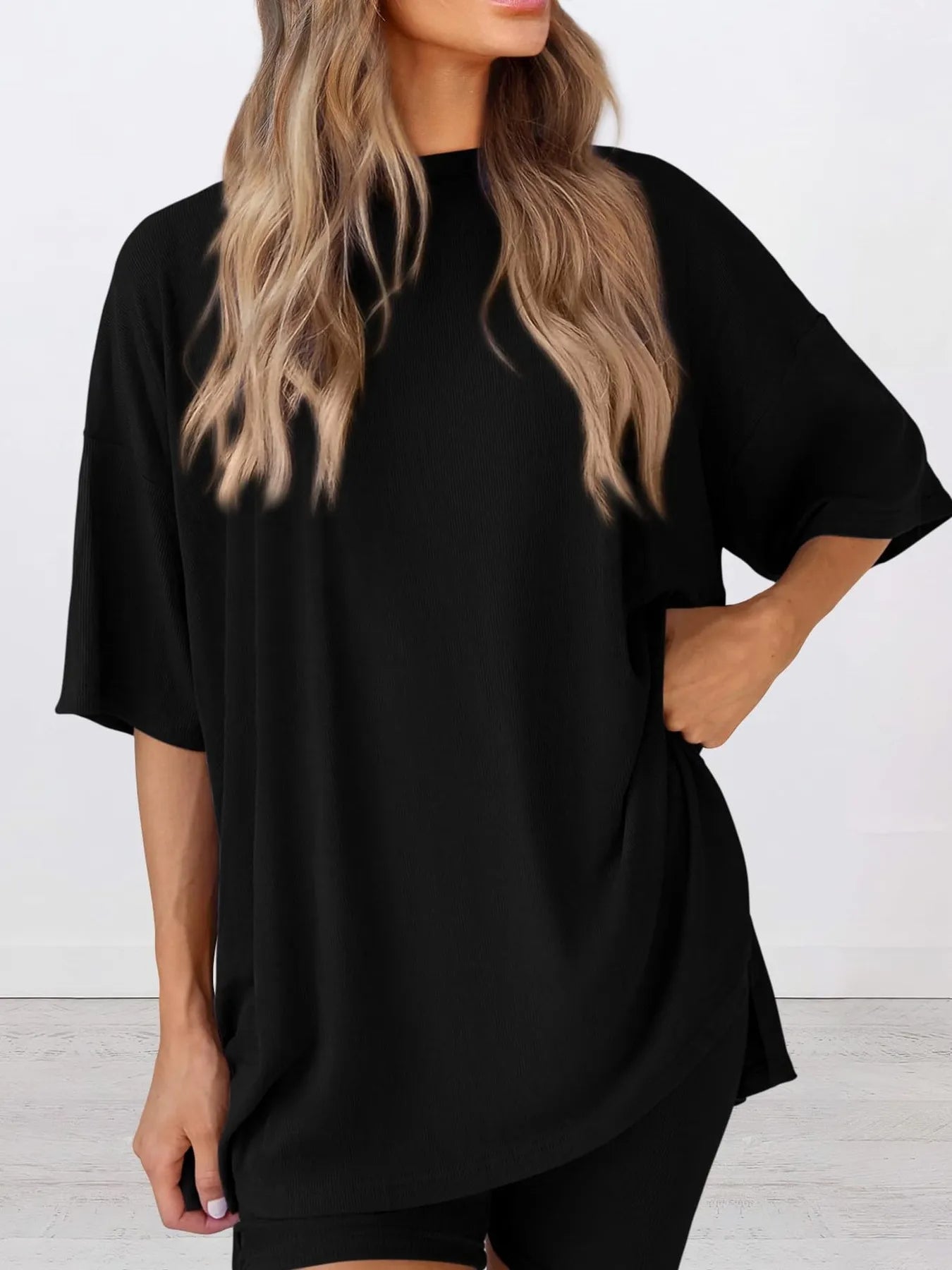 Full Size Oversized Slit Round Neck Top and Shorts Lounge Set Plus Size - LoveNest Treasures