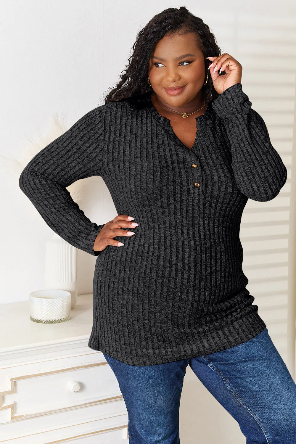 Double Take Notched Neck Ribbed Long Sleeve T-Shirt - LoveNest Treasures