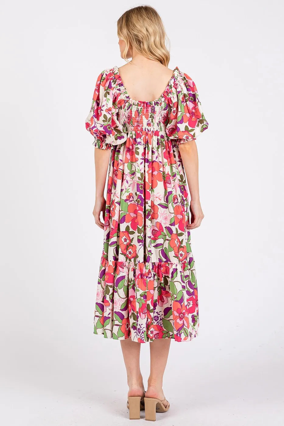Mittoshop Flower Print Puff Sleeve Ruffle Smocked Midi Dress - LoveNest Treasures