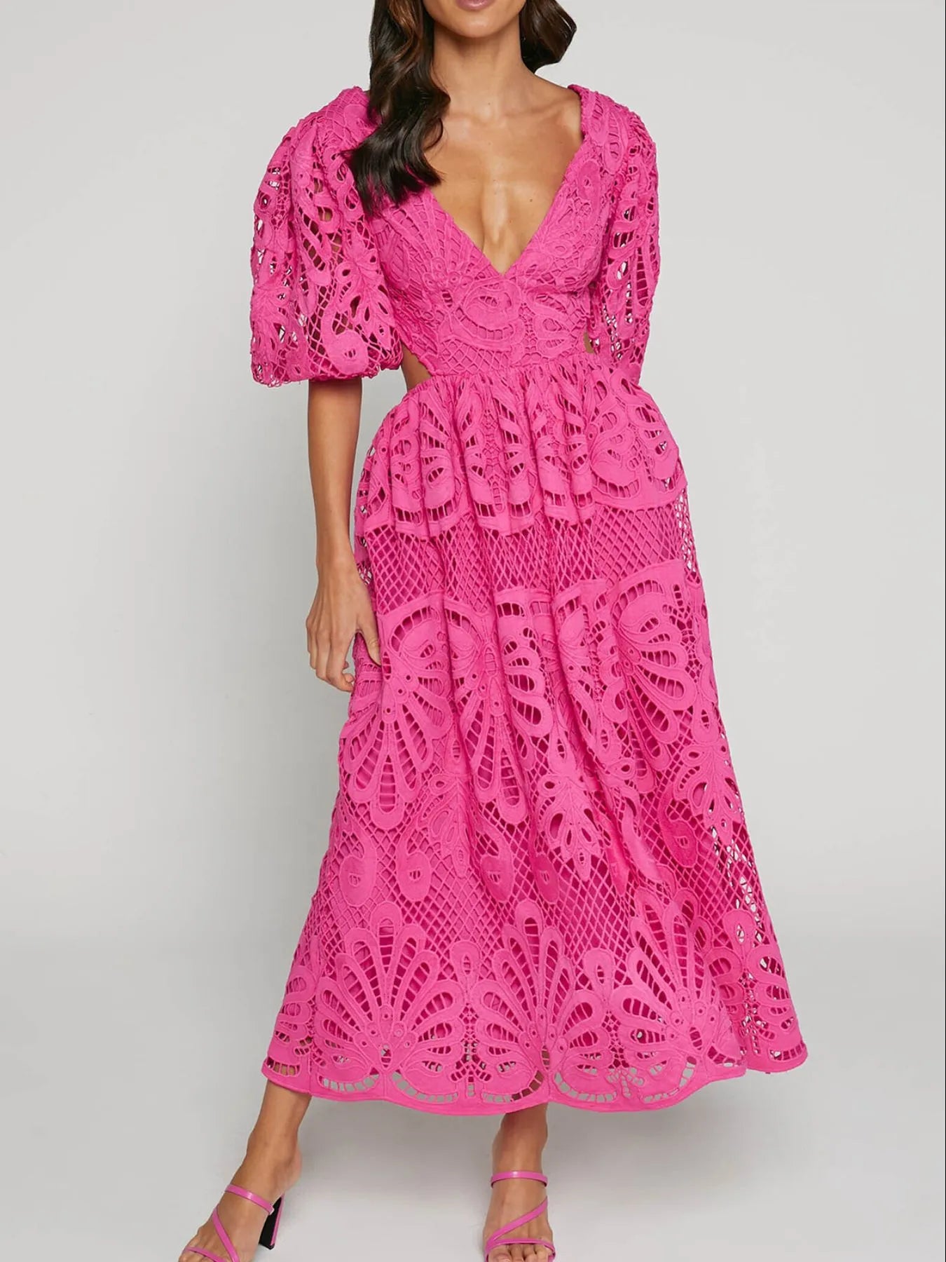 Cutout Back Lace Crochet V-Neck Dress - LoveNest Treasures