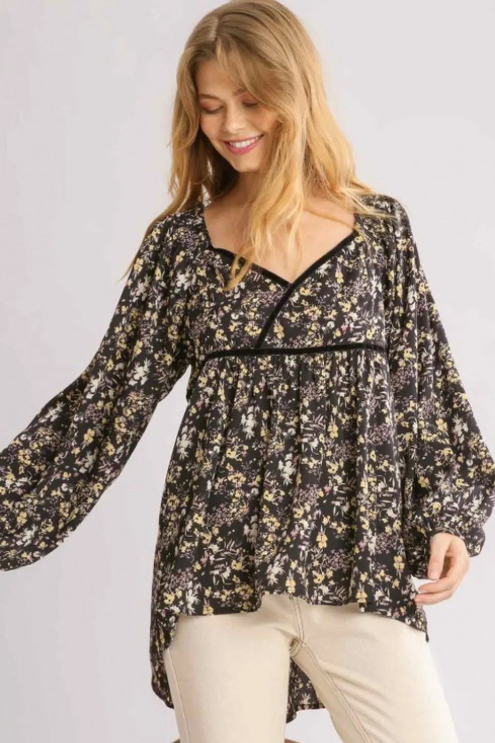 Umgee Full Size Floral Print Velvet Trimmed Balloon Sleeve Top Plus Size - LoveNest Treasures