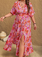 Plus Size Slit Floral V-Neck Half Sleeve Maxi Dress - LoveNest Treasures