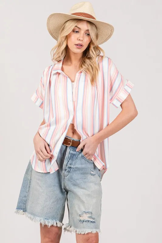 SAGE+FIG Full Size Multi Stripe Button Down Short Sleeve Shirt Plus Size - LoveNest Treasures