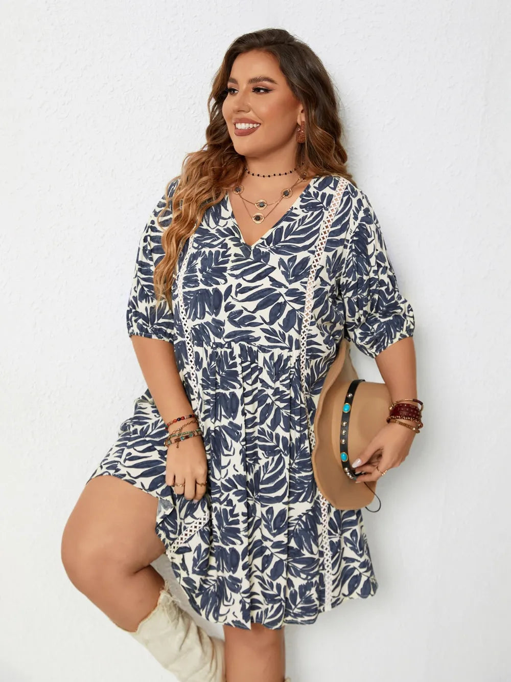 Plus Size Printed V-Neck Half Sleeve Mini Dress - LoveNest Treasures