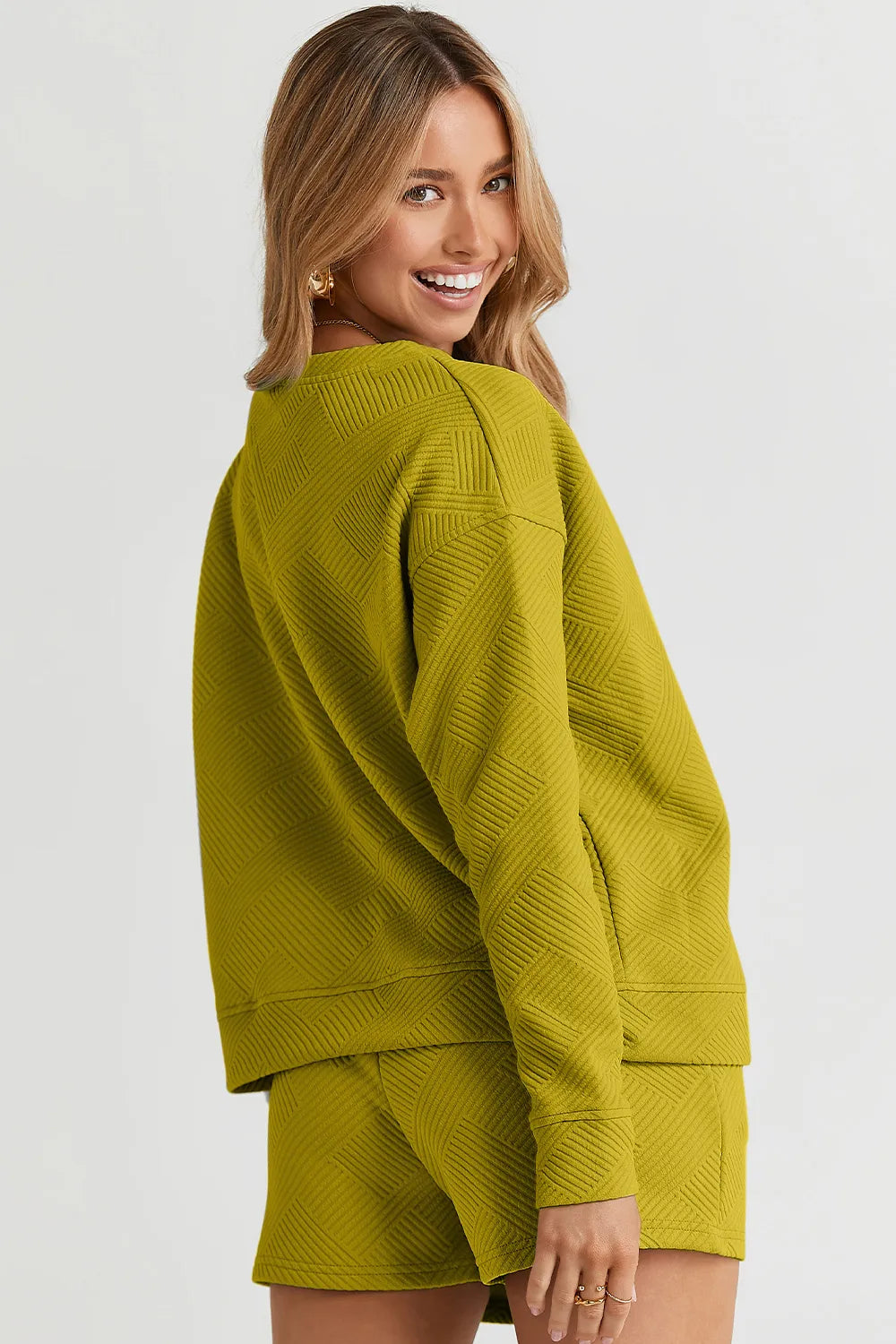 Double Take Full Size Texture Long Sleeve Top and Drawstring Shorts Set - LoveNest Treasures