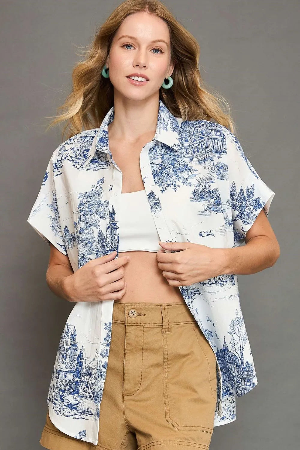 Umgee Full Size Two Tone Print Button Up Short Sleeve Shirt Plus Size - LoveNest Treasures