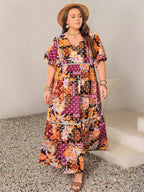 Plus Size Printed V-Neck Half Sleeve Maxi Dress - LoveNest Treasures