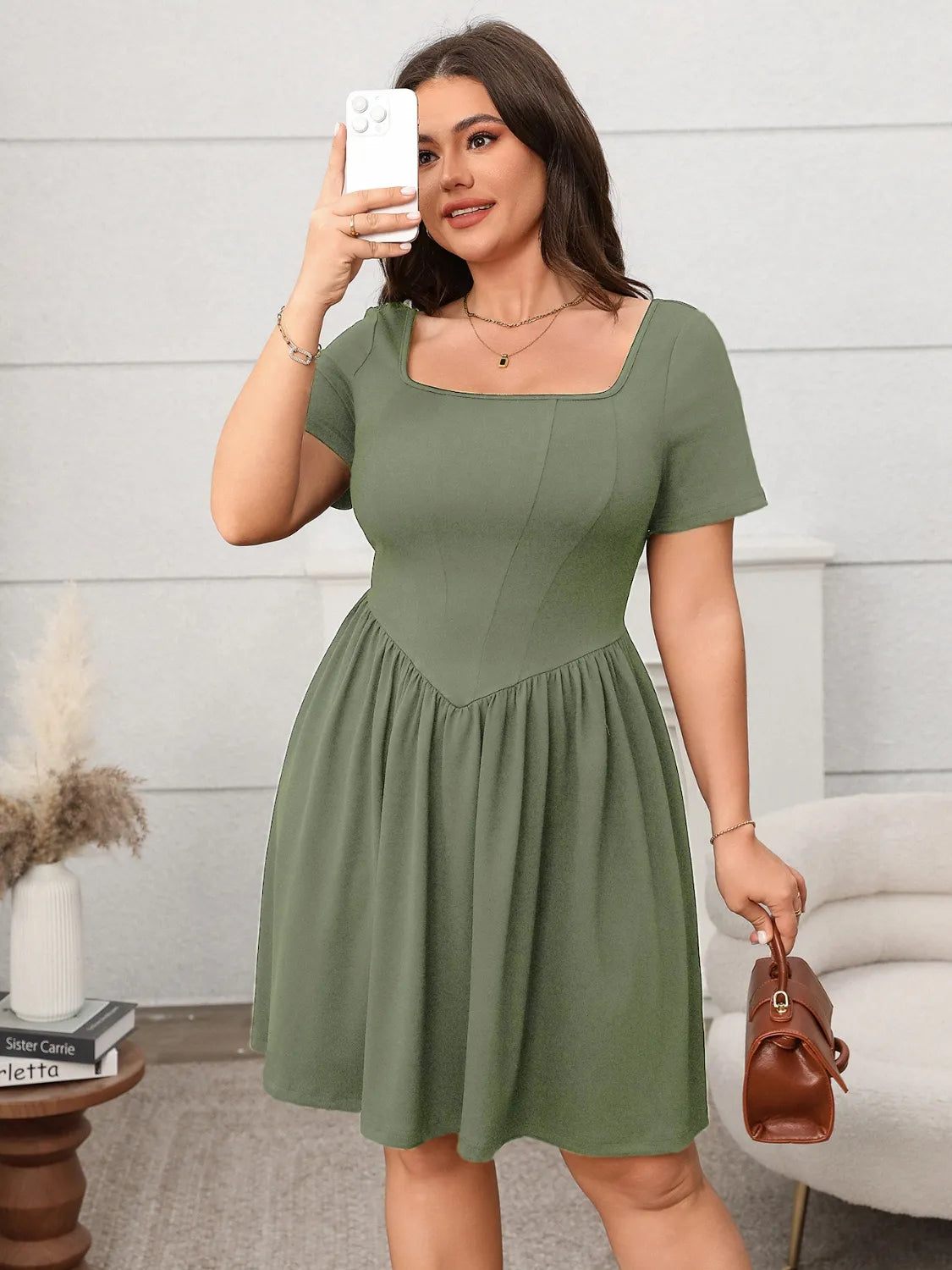 Plus Size Square Neck Short Sleeve Mini Dress - LoveNest Treasures