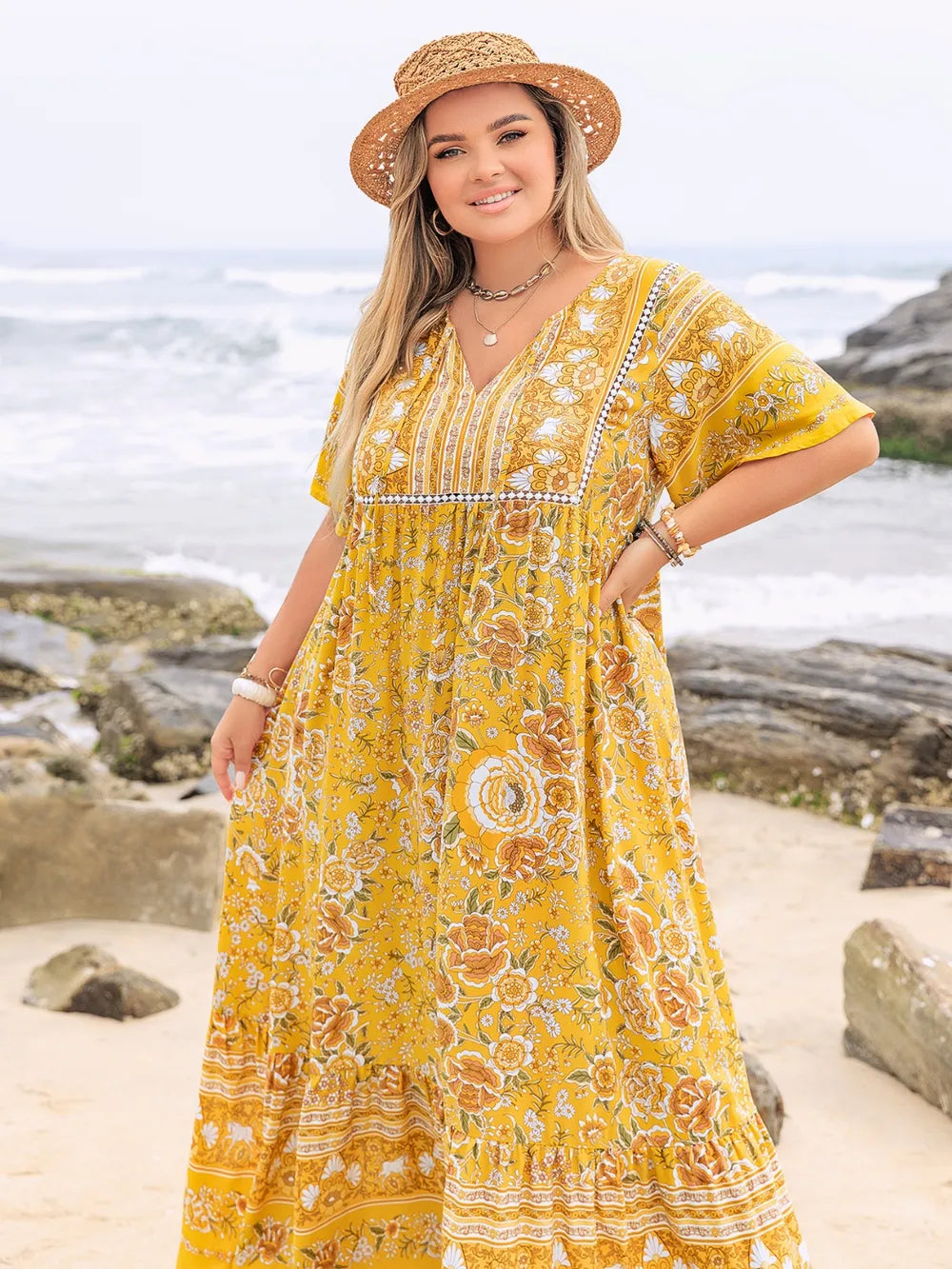Plus Size Floral Tie Neck Flutter Sleeve Maxi Dress - LoveNest Treasures