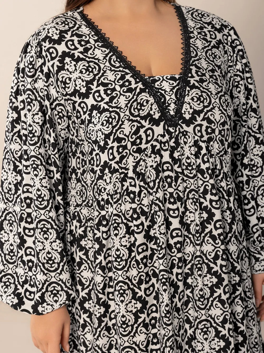 Plus Size Lace Detail Printed Balloon Sleeve Dress - LoveNest Treasures