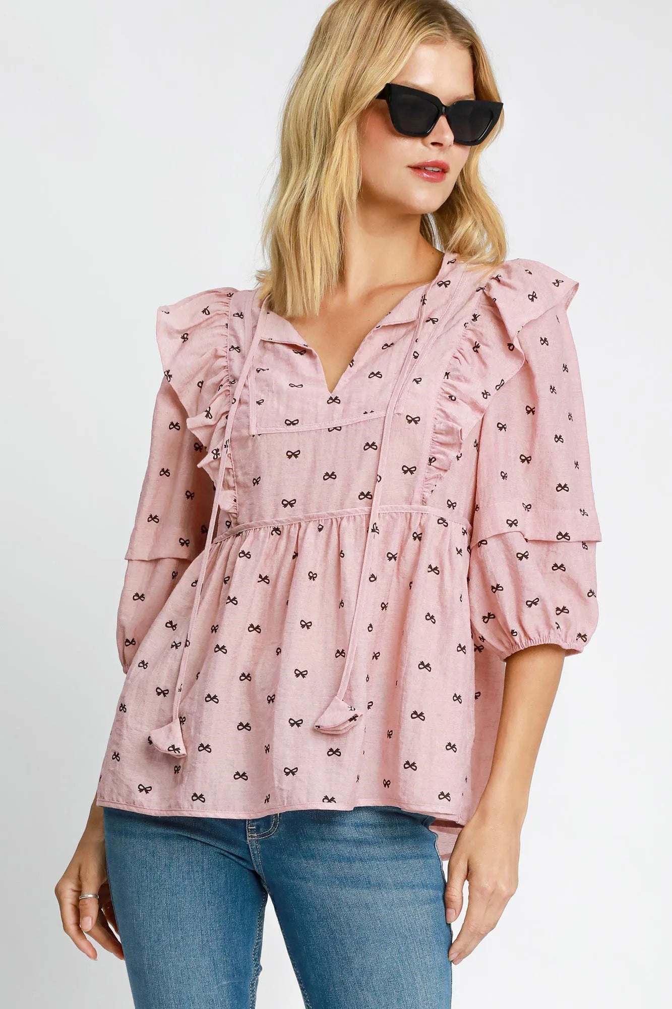 Umgee Full Size Ruffled Bow Print Tie Neck Peplum Blouse Plus Size - LoveNest Treasures