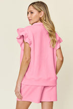 Double Take Full Size Texture Flounce Sleeve Top and Drawstring Shorts Set - LoveNest Treasures