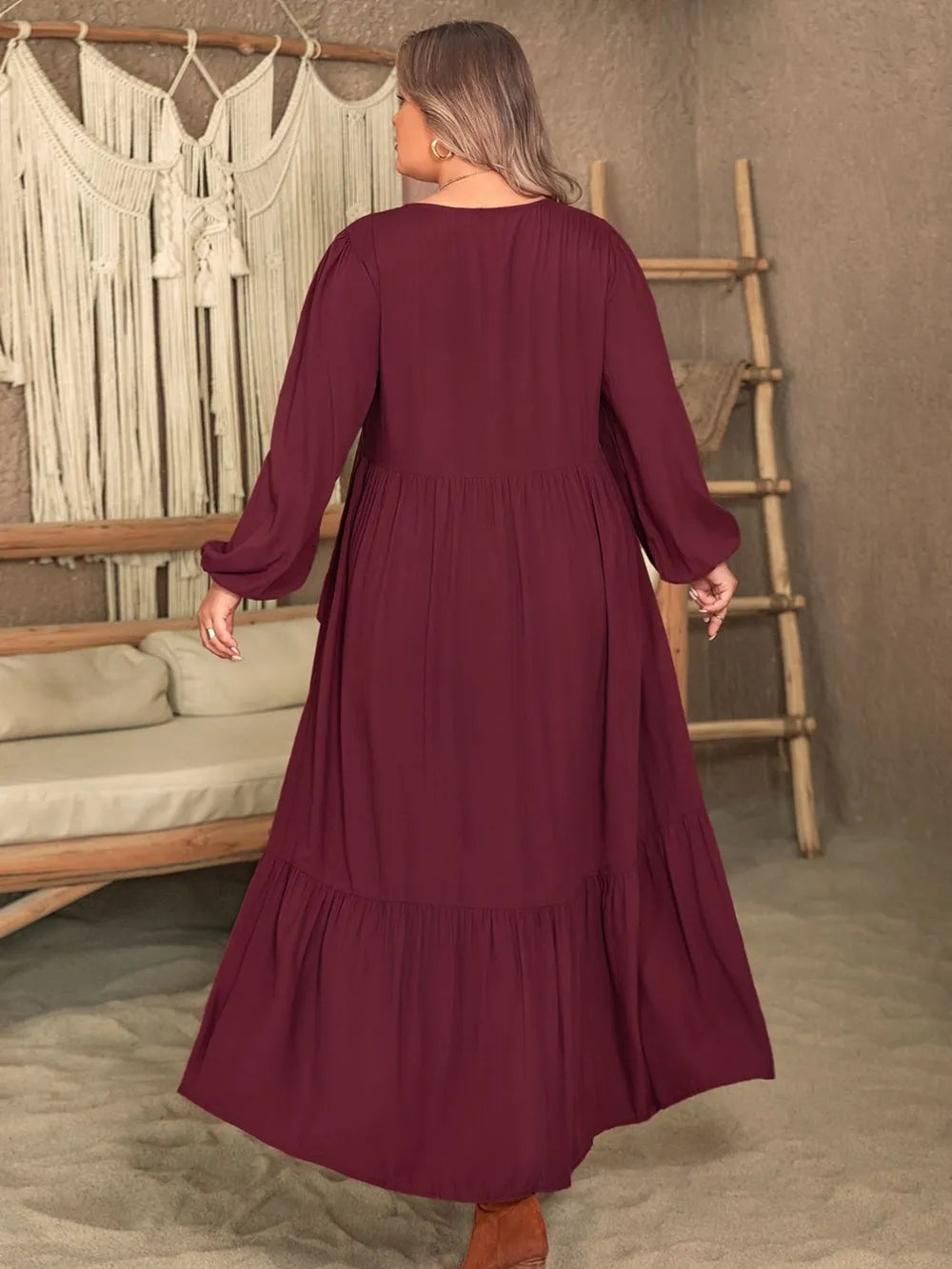 Plus Size Ruffled V-Neck Long Sleeve Dress - LoveNest Treasures
