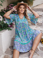 Plus Size Ruffled Hem Lace Detail Printed Half Sleeve Dress - LoveNest Treasures