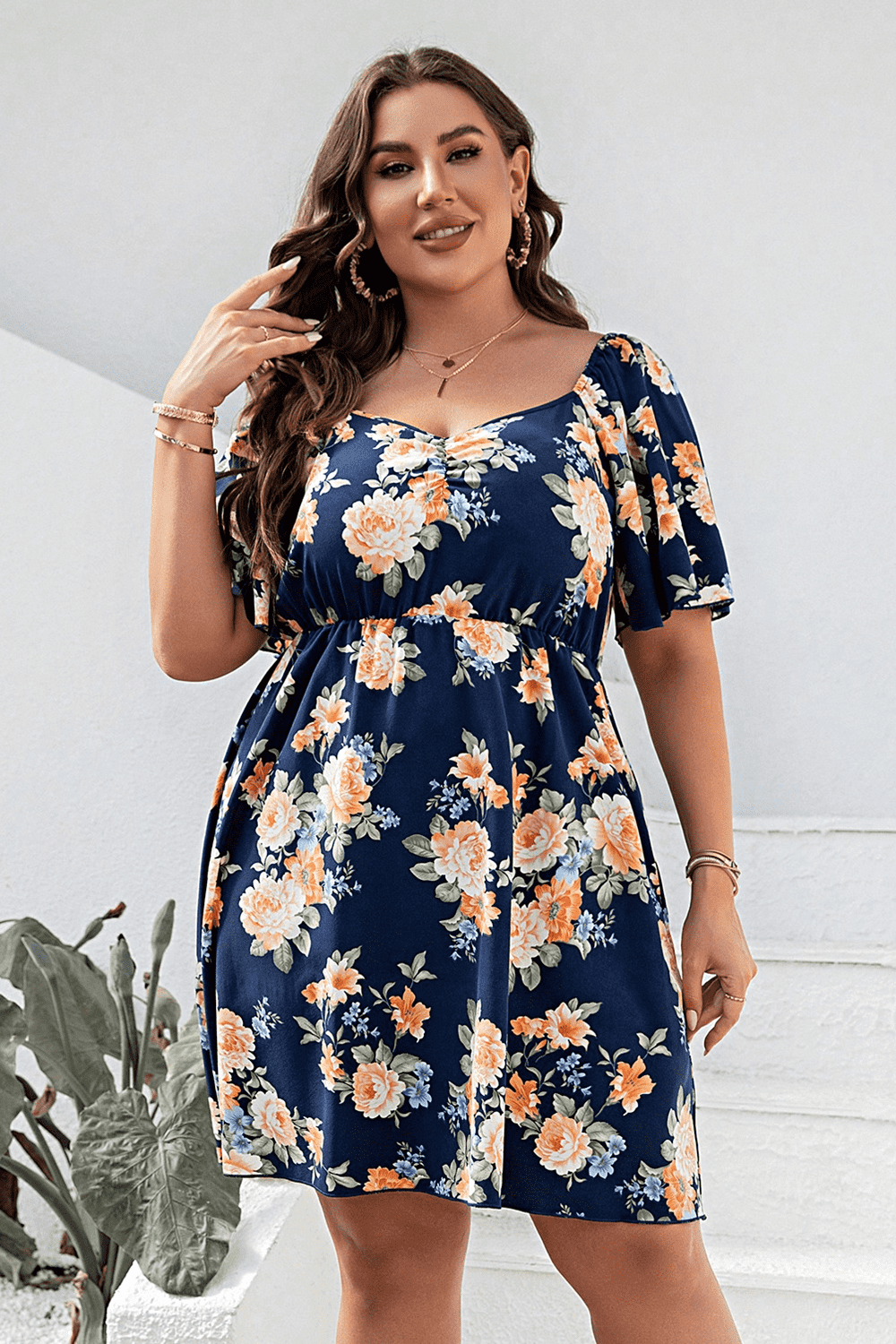 Plus Size Floral Print V-Neck Flutter Sleeve Mini Dress - LoveNest Treasures