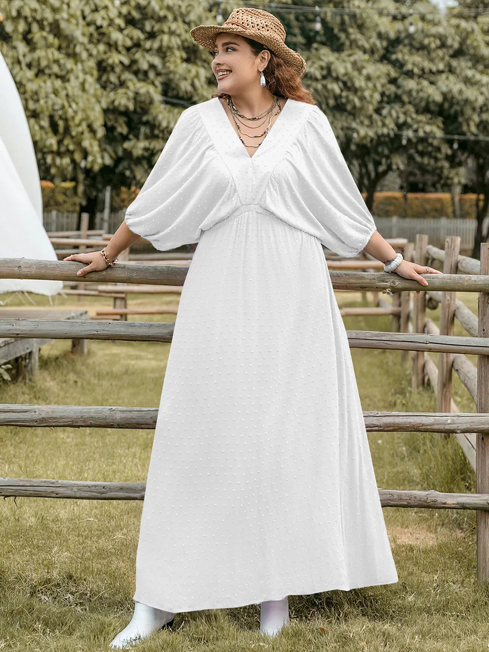 Plus Size Swiss Dot V-Neck Three-Quarter Sleeve Dress - LoveNest Treasures