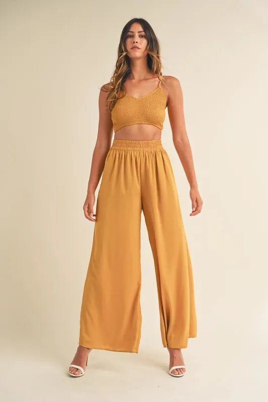 MABLE Smocked Bralette Crop Top and Wide Leg Pants Set - LoveNest Treasures
