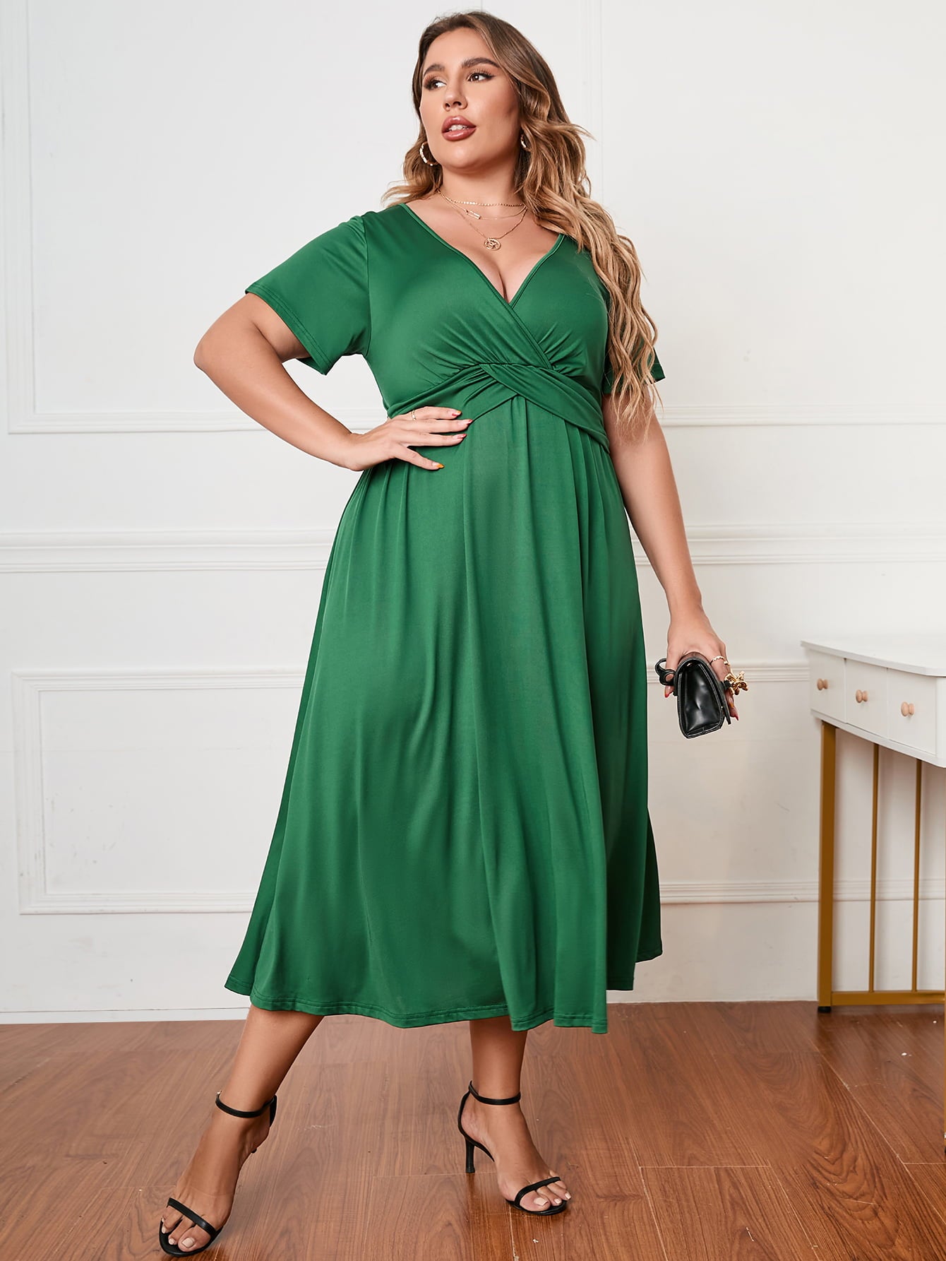Honey Plus Size Short Sleeve Surplice Neck Midi Dress - LoveNest Treasures