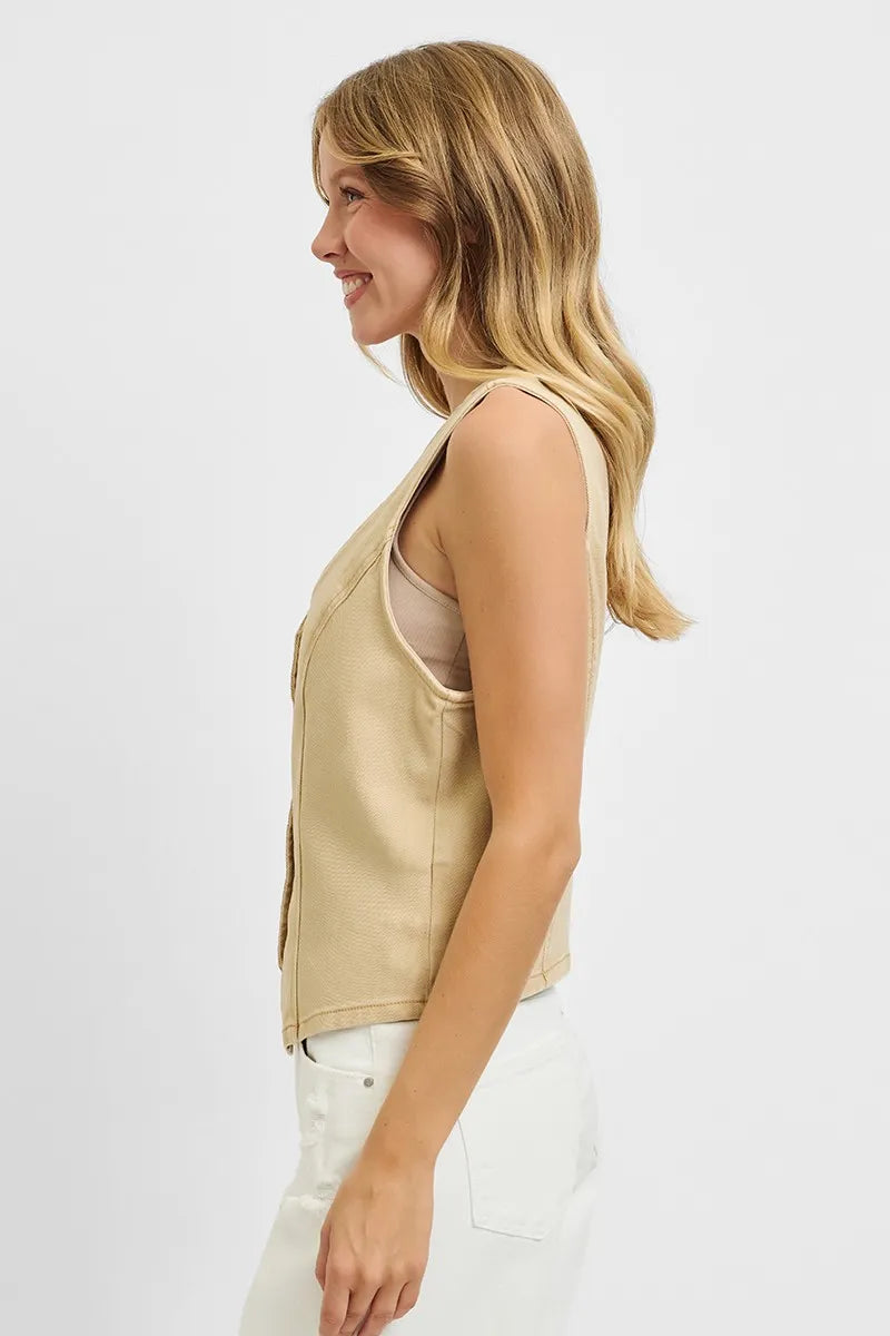 RISEN Full Size V Neck Button Down Vest Plus Size - LoveNest Treasures