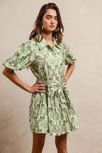 BiBi Tied Floral Short Sleeve Mini Shirt Dress - LoveNest Treasures