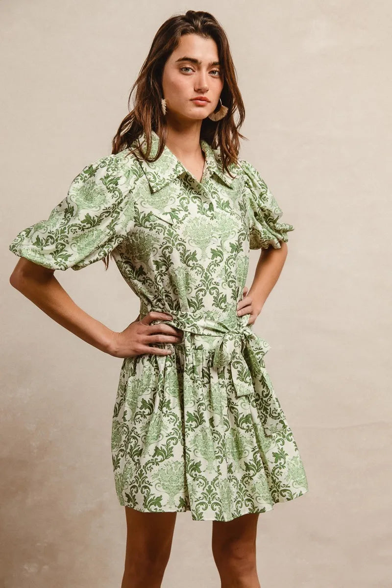 BiBi Tied Floral Short Sleeve Mini Shirt Dress - LoveNest Treasures