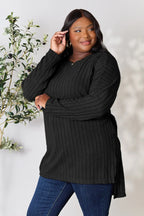 Basic Bae Full Size Ribbed Round Neck Long Sleeve Slit Top - LoveNest Treasures