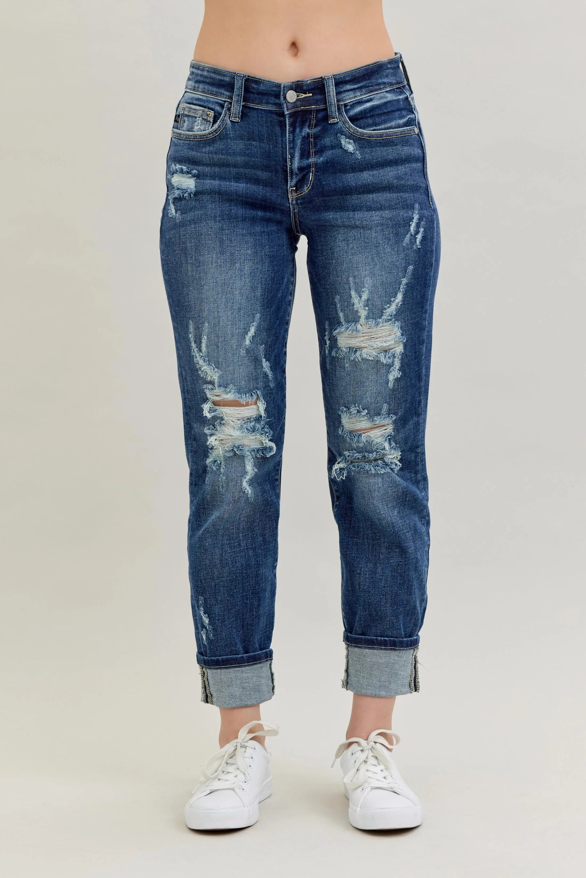 Judy Blue Full Size Mid Rise Cuffed Destroy Bf Jeans Plus Size - LoveNest Treasures