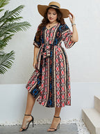 Honey Plus Size Bohemian V-Neck Tie Belt Midi Dress - LoveNest Treasures