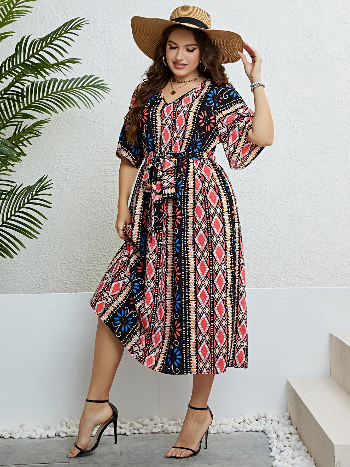 Honey Plus Size Bohemian V-Neck Tie Belt Midi Dress - LoveNest Treasures