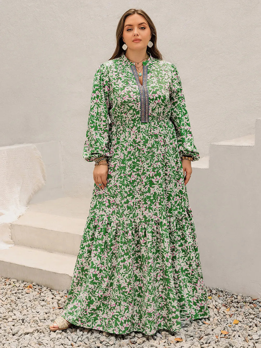 Plus Size Printed Notched Long Sleeve Maxi Dress - LoveNest Treasures