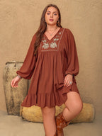 Plus Size Embroidered Tie Neck Balloon Sleeve Mini Dress - LoveNest Treasures