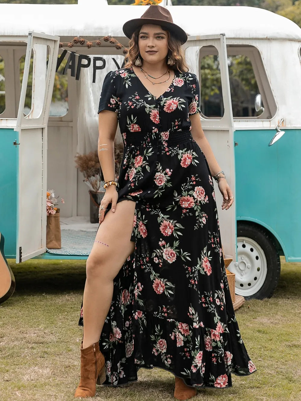Plus Size Button Detail Printed V-Neck Short Sleeve Maxi Dress - LoveNest Treasures