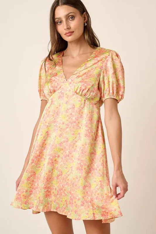 Mittoshop Printed V-Neck Puff Sleeve Mini Dress - LoveNest Treasures
